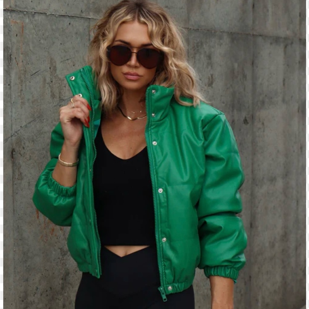 Faux leather green bomber